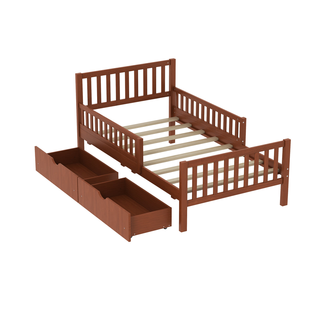 variant-group:rf-n733p172696d|Roomfitters Twin Size Wood Platform Bed with Guardrails and 2 Storage Drawers, Walnut