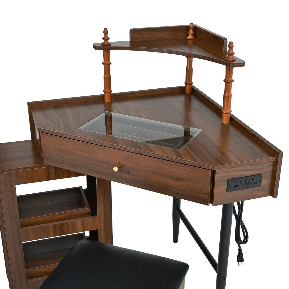 variant-group:rf-n733p336237d|Roomfitters Corner Vanity Desk Set with Stool, Charging Station, Glass Top, Drawer, Shelf, Pull-Out Cabinet, Walnut