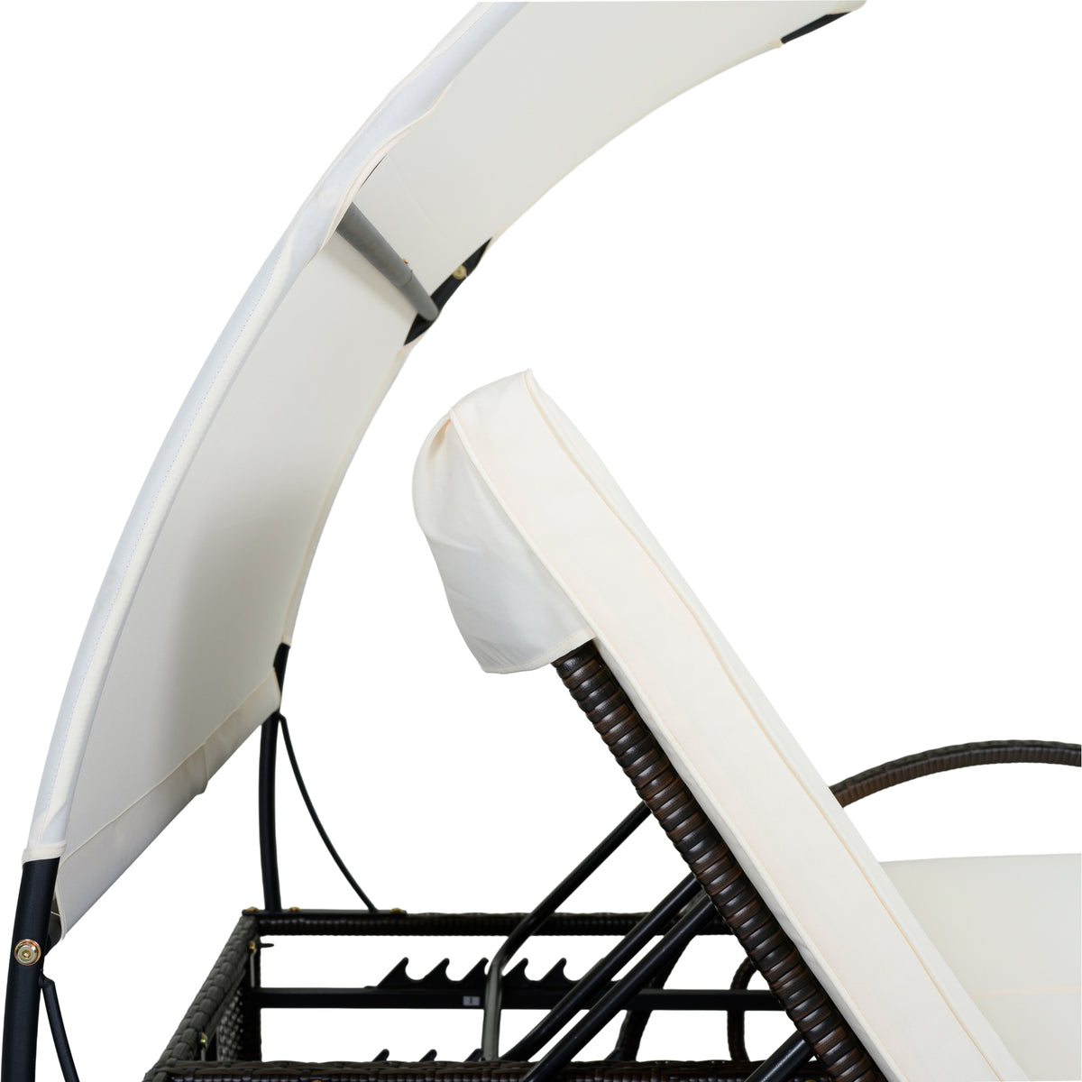 variant-group:rf-n711wy000485aaa|Roomfitters Beige HDPE Wicker Outdoor Double Sunbed, Steel Frame Patio Chaise, Hidden Side Tables, Canopy Shade