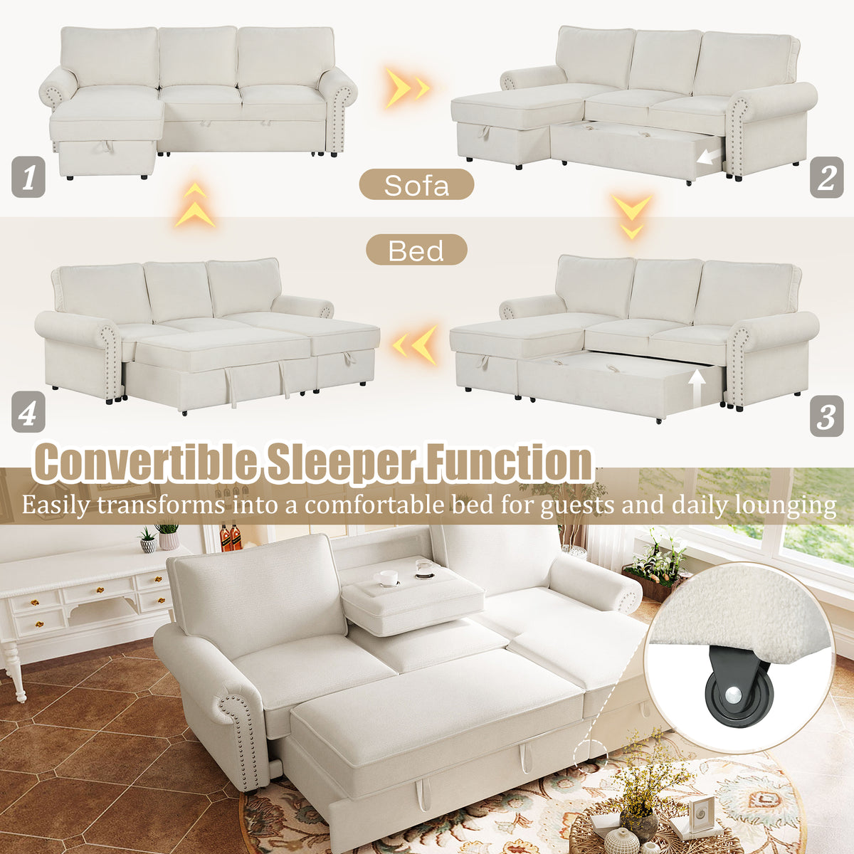 variant-group:rf-n711wy000466aaa|Roomfitters 95" Convertible Sectional Sleeper Sofa L-Shaped Couch with Storage Chaise and Pull Out Bed for Living Room, Beige
