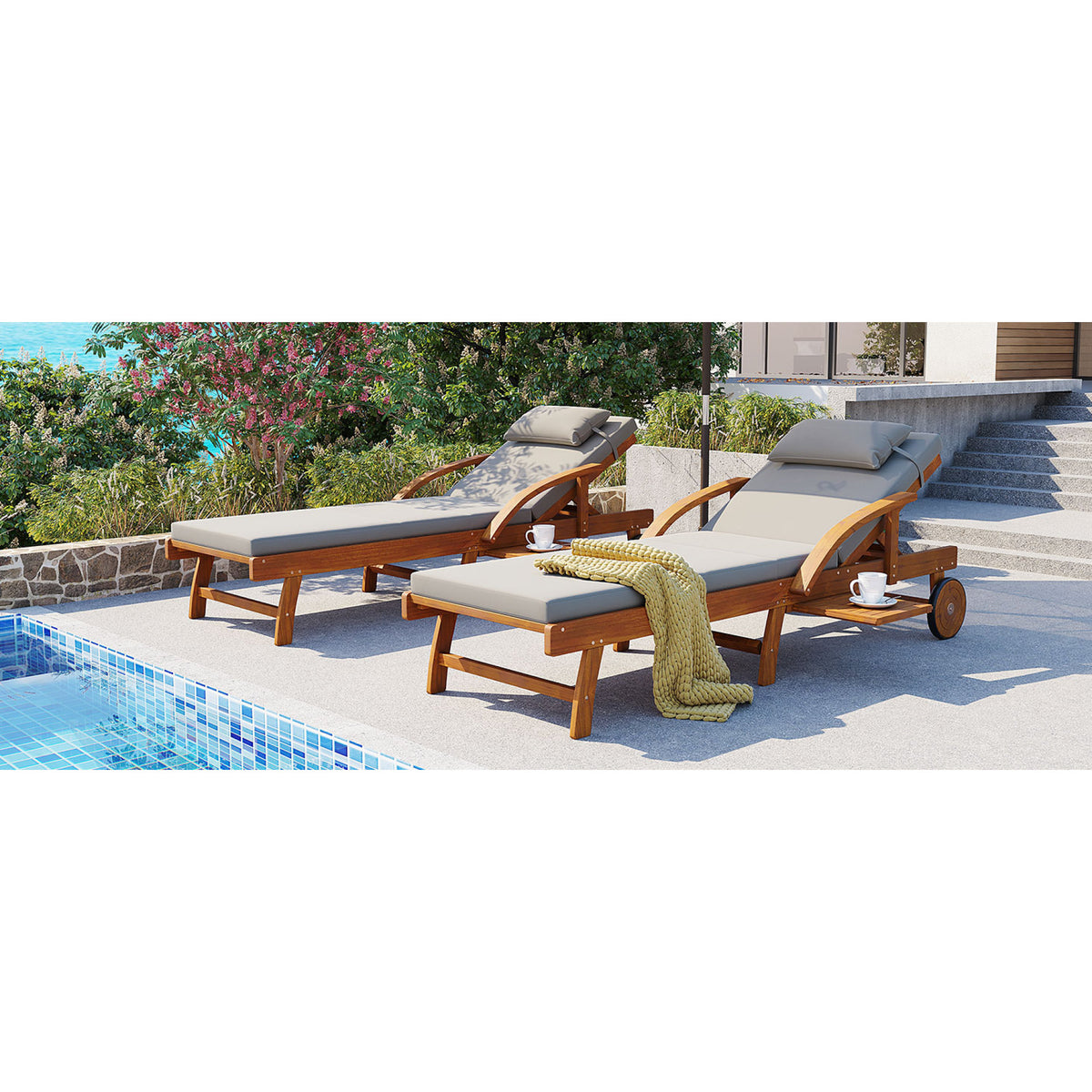 variant-group:rf-n711wy000482aae|Roomfitters 77.5-Inch Adjustable Acacia Wood Outdoor Lounge Chairs, Set of 2 Reclining Chaise Loungers, Grey Cushions