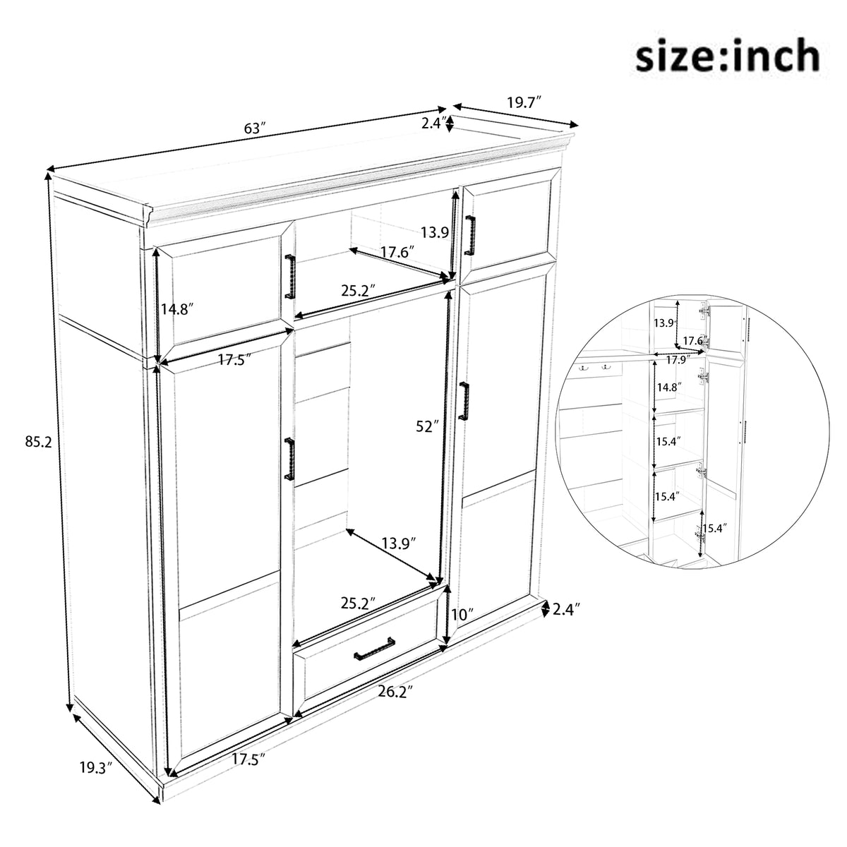 variant-group:rf-n724sj000140aak|Roomfitters 85.2" Hall Tree with Bench, 3 Hooks, 4 Doors, 1 Drawer and Adjustable Storage Shelves, White