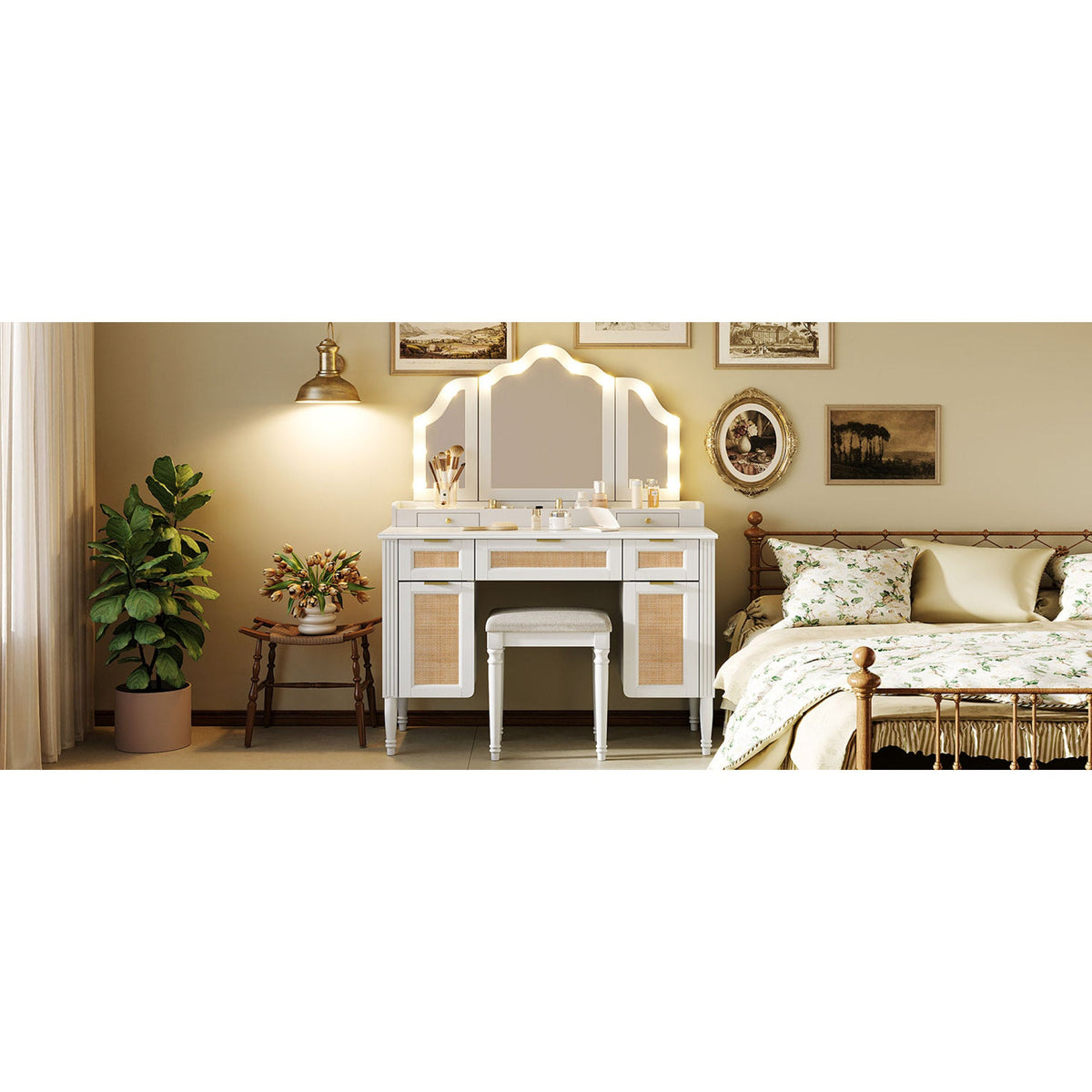 Roomfitters 44.37" Makeup Vanity with Lighted Tri-fold Mirror, French Vintage Rattan Dressing Table, Drawers and Stool, White Roomfitters
