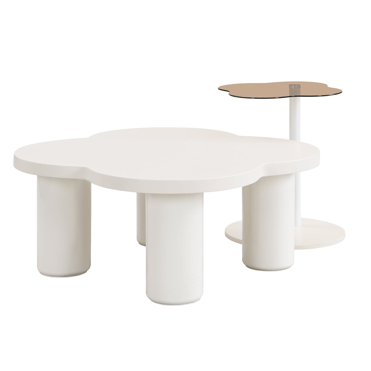 Roomfitters Modern Coffee Table Set of 2 with Irregular Shape and Glass End Table, Roman Column Legs, White Roomfitters
