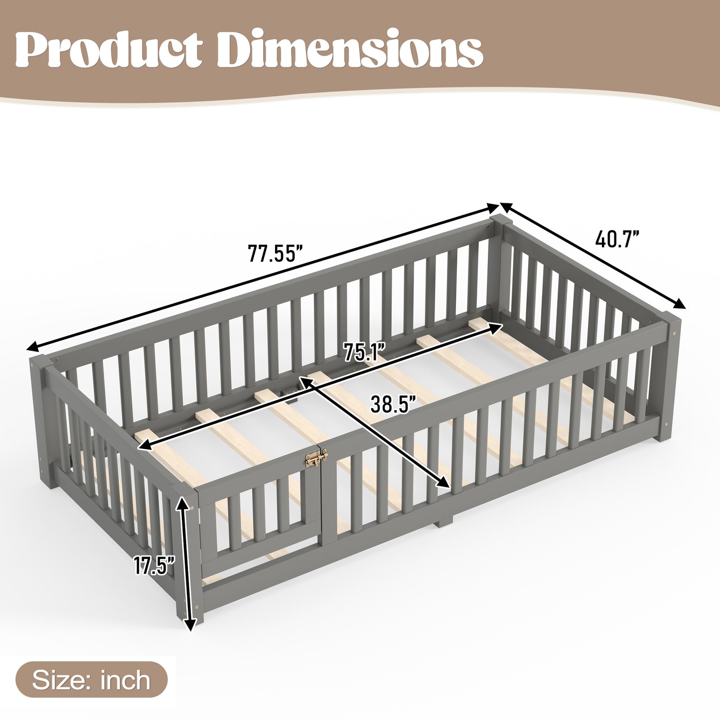 variant-group:rf-w1580p462312|Roomfitters Twin Size Wooden Floor Bed Frame with Safety Guardrails Door, Solid Wood Low Profile Toddler Play Bed, Gray