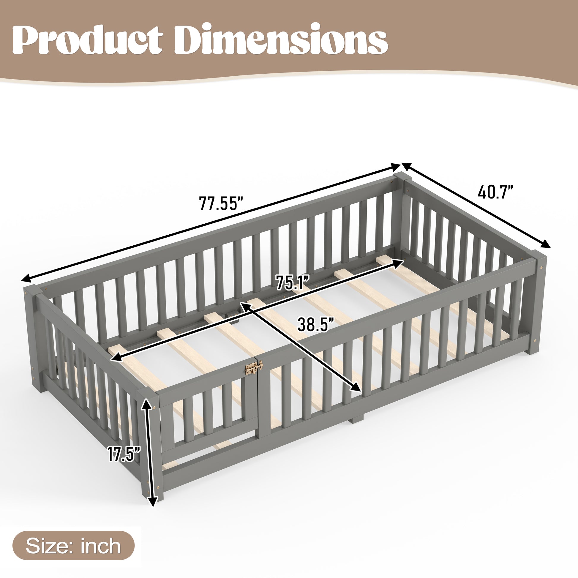 variant-group:rf-w1580p462312|Roomfitters Twin Size Wooden Floor Bed Frame with Safety Guardrails Door, Solid Wood Low Profile Toddler Play Bed, Gray