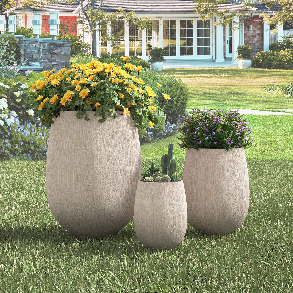 variant-group:rf-n711p406659a|Roomfitters Modern Egg-Shaped MGO Planter Set, 3-Piece Textured Faux Stone Flower Pots, Beige Patio Garden Urns