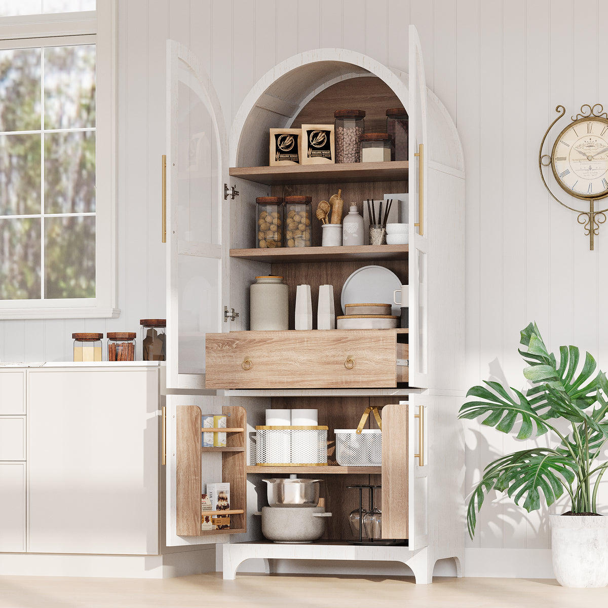 variant-group:rf-n707s288969w|Roomfitters 71" Pantry Cabinet with Arched Top & Glass Doors, 4-Door Storage Hutch with Adjustable Shelves for Kitchen, White