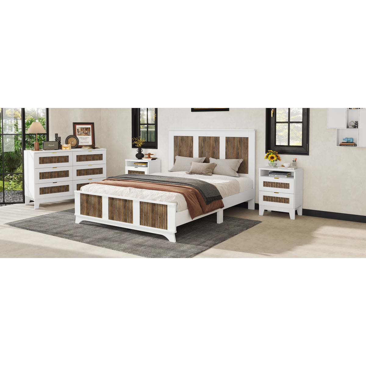 variant-group:rf-n733wf530906aak|Roomfitters Farmhouse Wooden Platform Queen Size Bed, Modern Platform Bed with Wooden Strip Decoration and Plywood Slats Support, White
