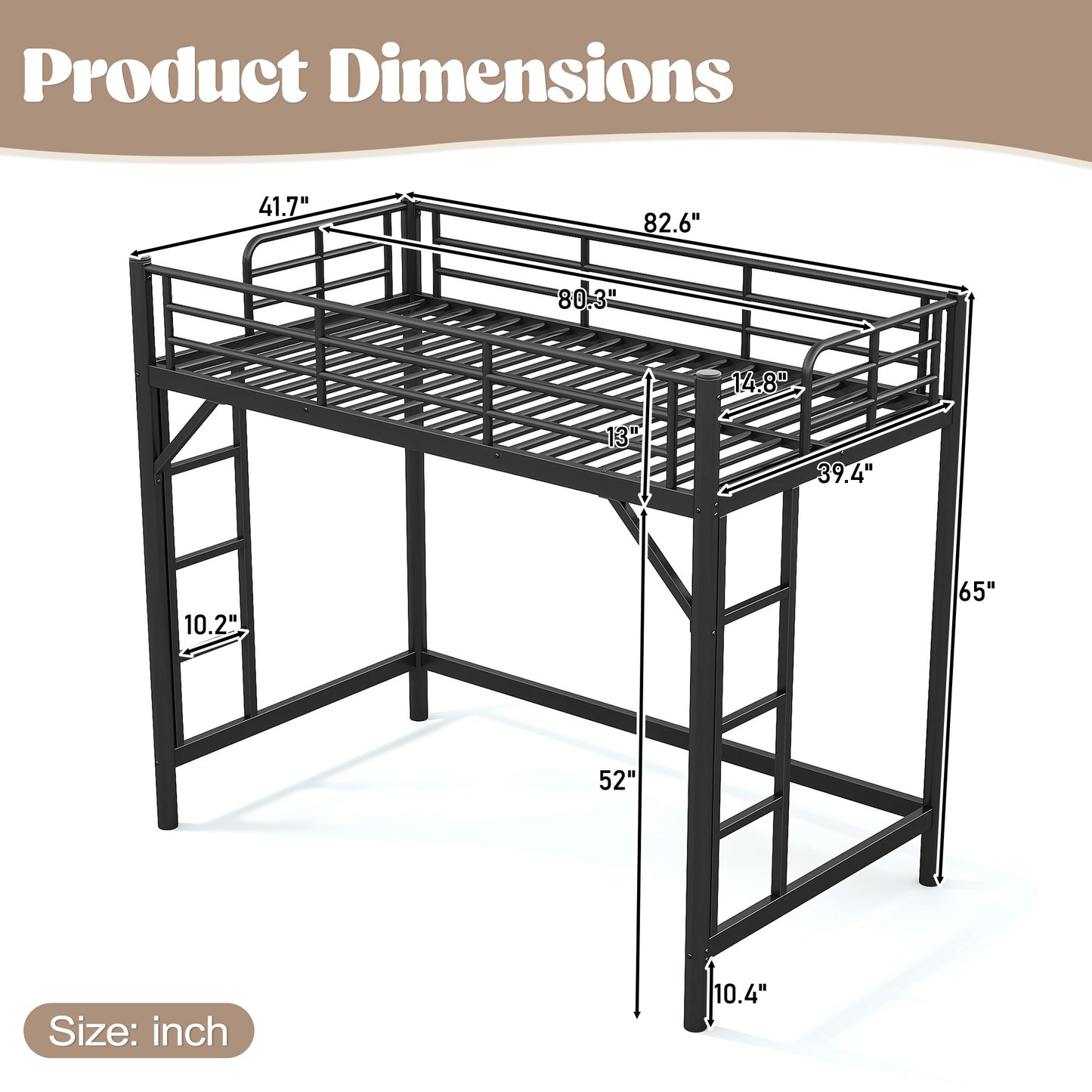 variant-group:rf-w1580p455013|Roomfitters Twin XL Size Metal Loft Bed Frame with Guardrails, Heavy Duty Space Saving High Loft Bed Dual Ladders, Black