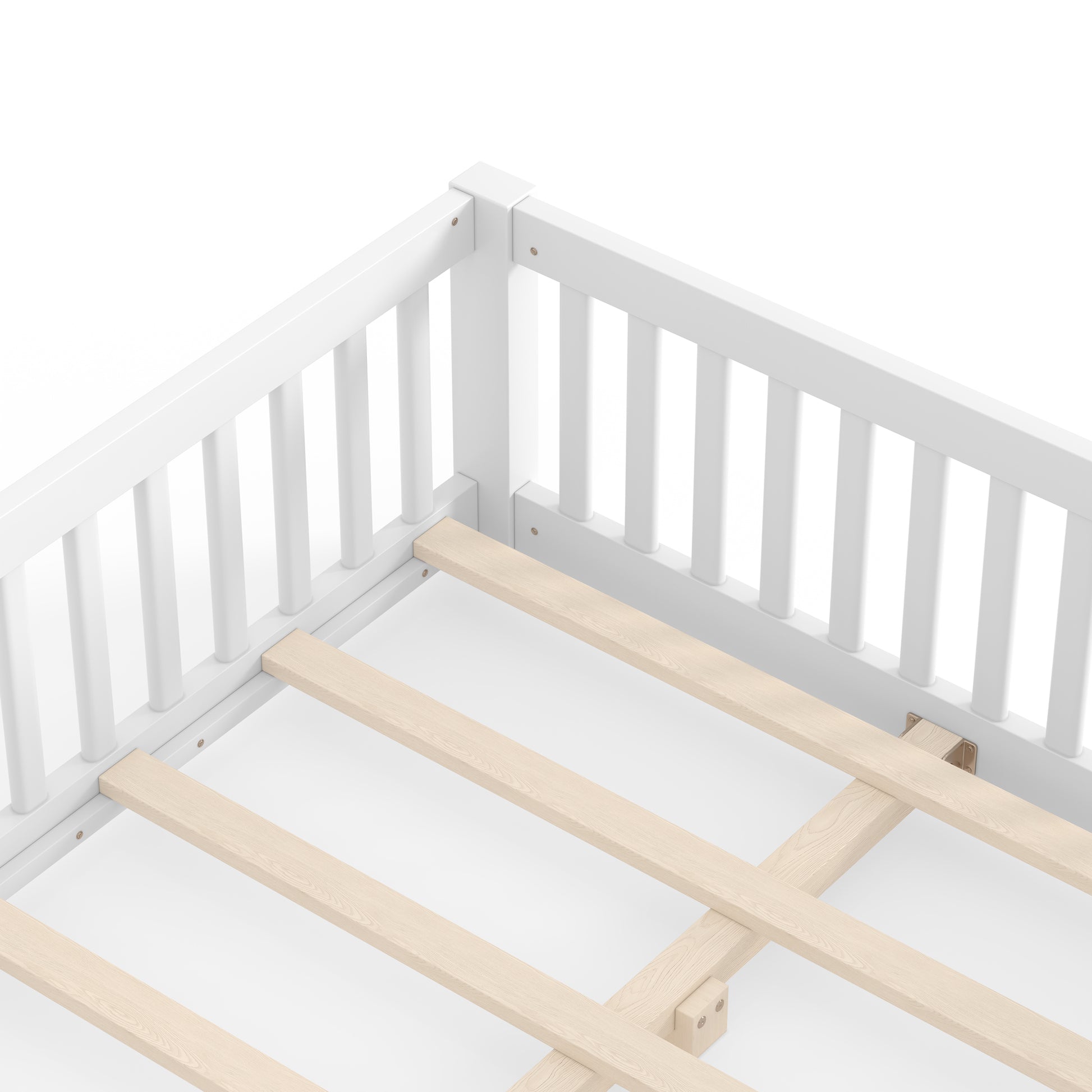 variant-group:rf-w1580p462317|Roomfitters Full Size Wooden Floor Bed Frame with Safety Guardrails Door, Solid Wood Low Profile Toddler Play Bed, White