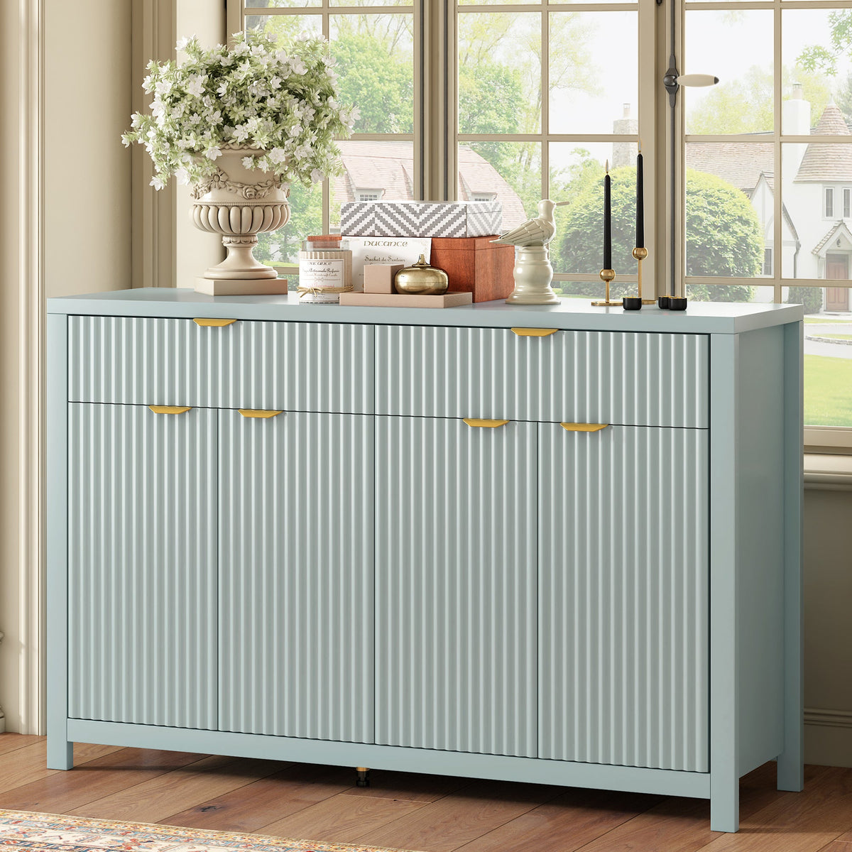 Roomfitters Sideboard Buffet Cabinet with 2 Drawers, 4 Door Mid-century Modern Fluted Storage for Kitchen & Dining Room, Cyan Roomfitters