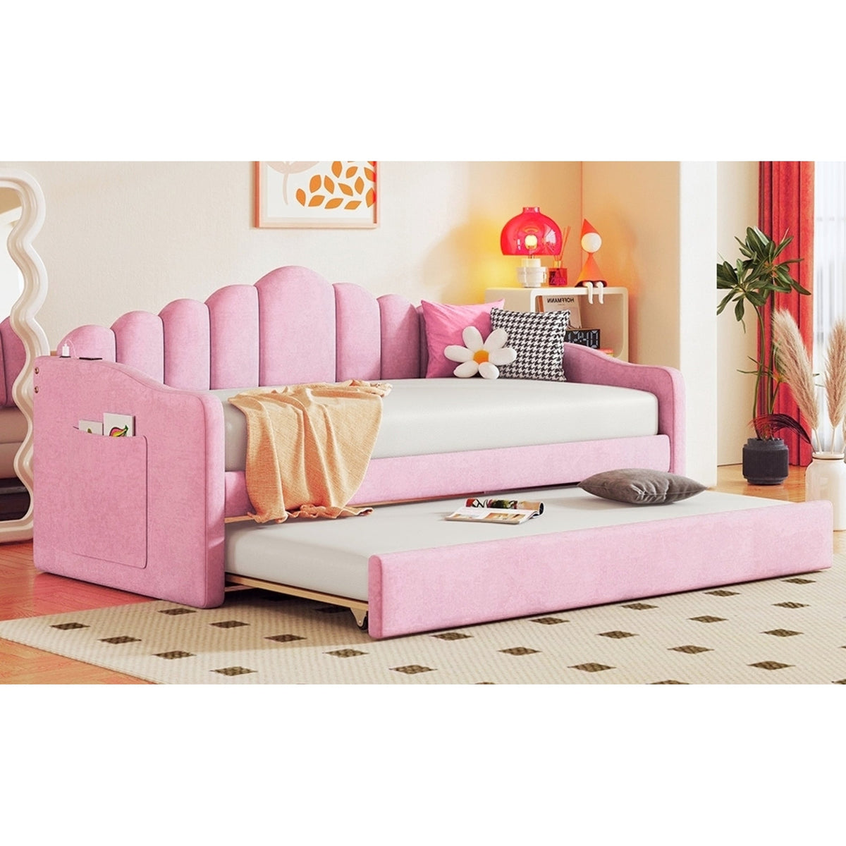 Roomfitters Twin Upholstered Daybed with Trundle, Velvet Sofa Bed with USB Charging Ports, No Box Spring, Pink