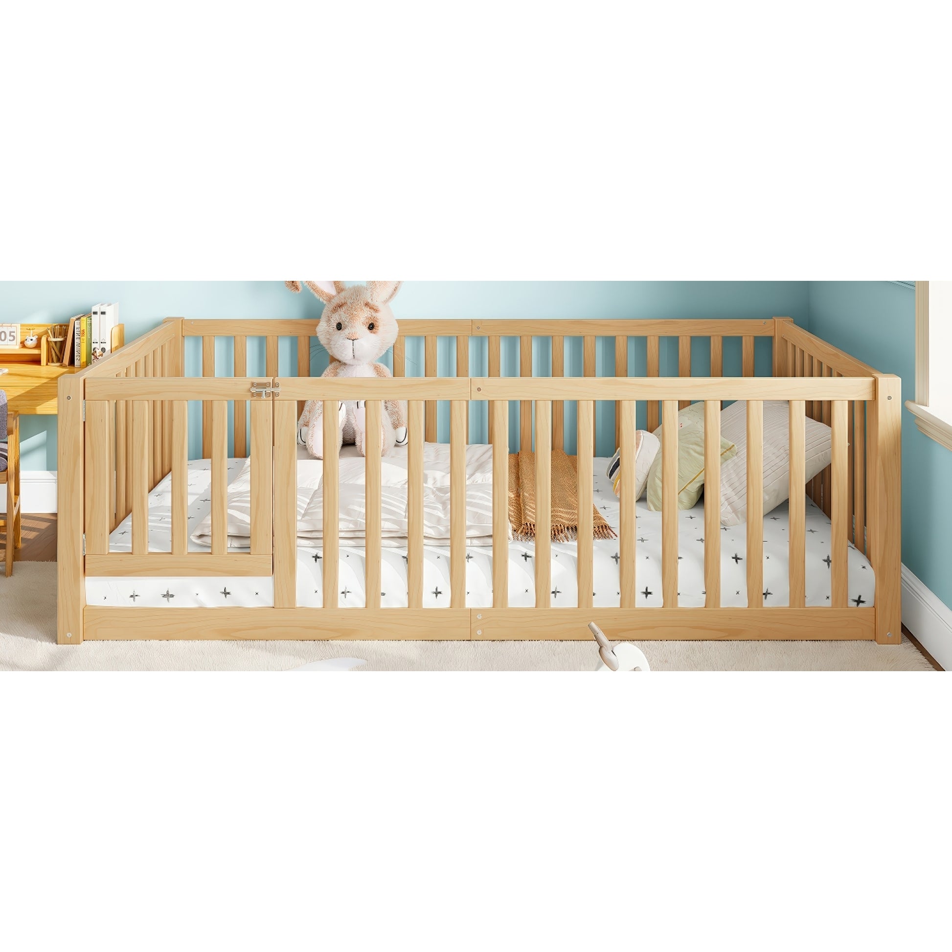variant-group:rf-w1580p417669|Roomfitters Twin Size Wooden Floor Bed with Safety Guardrails Door, Solid Wood Low Profile Toddler Bed Frame, Natural
