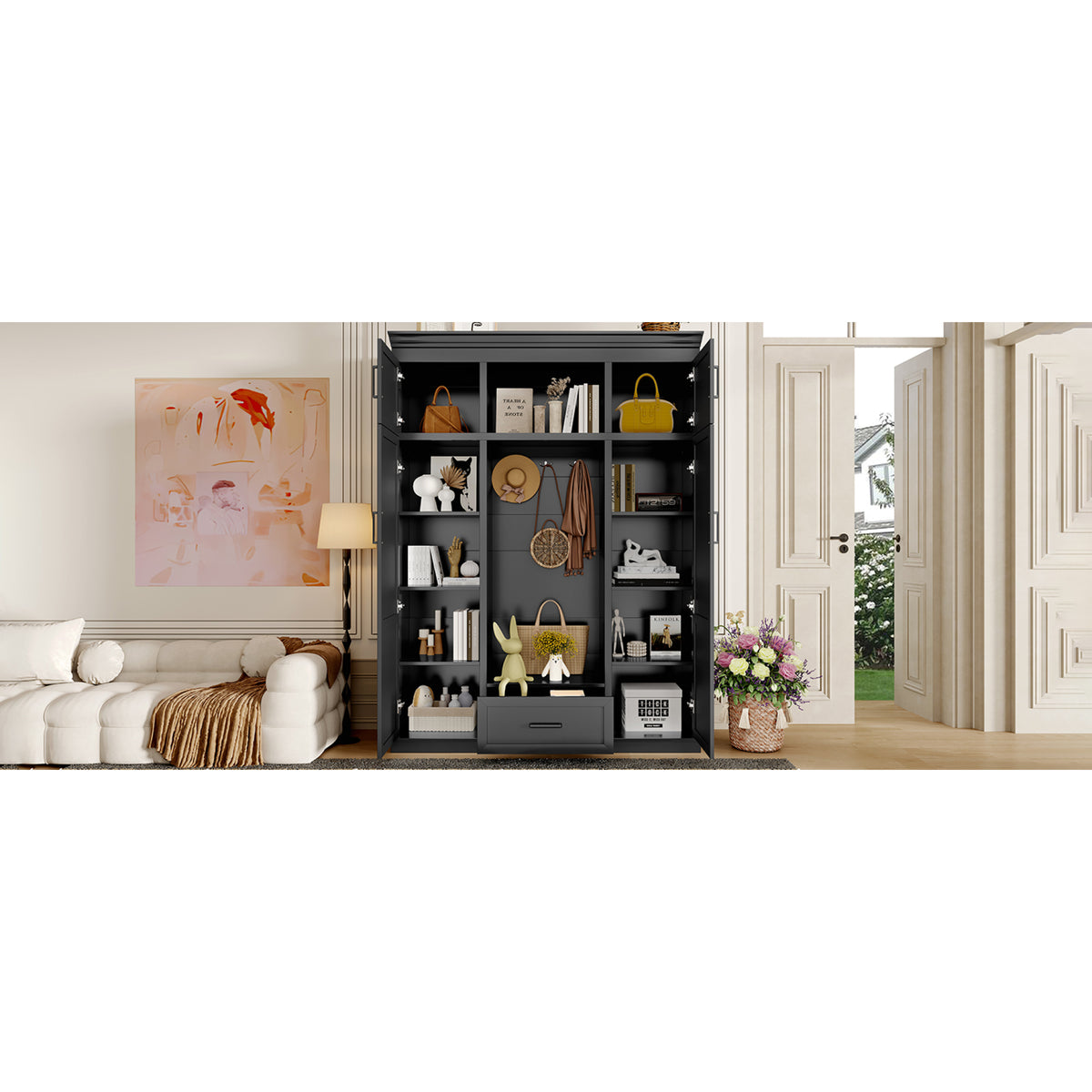 variant-group:rf-n724sj000140aab|Roomfitters 85.2" Hall Tree with Bench, 3 Hooks, 4 Doors, 1 Drawer and Adjustable Storage Shelves, Black