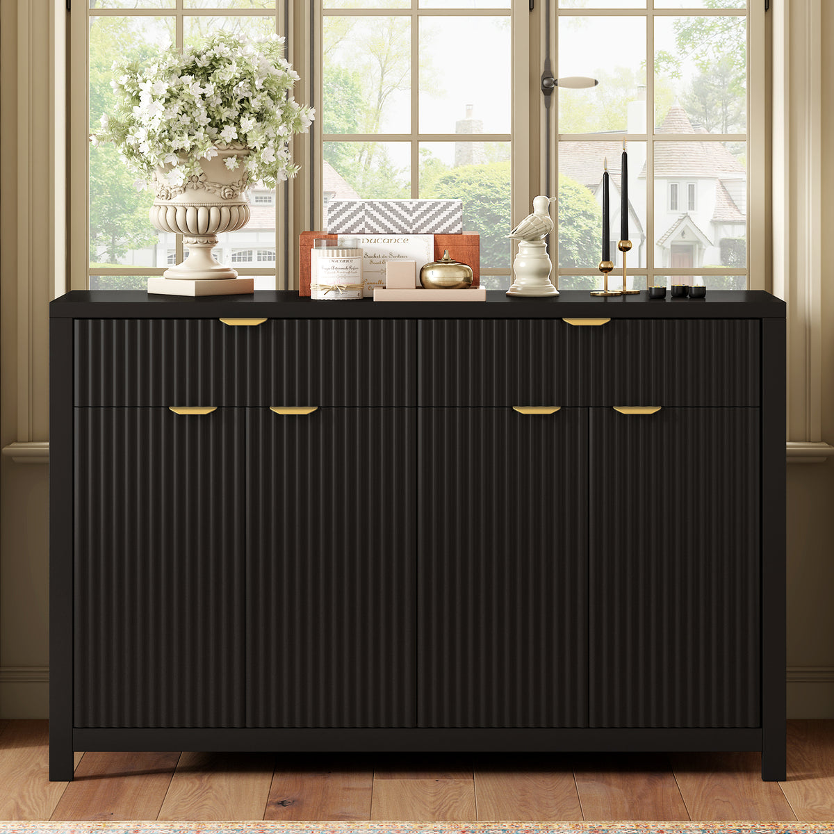 variant-group:rf-n711p269068b|Roomfitters Modern Sideboard Cabinet, Wave Pattern Storage Buffet with Adjustable Shelves, Accent Console, Black