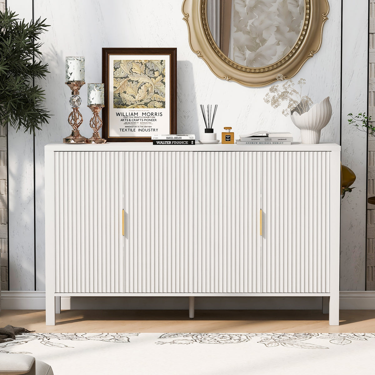 variant-group:rf-n711p345170k|Roomfitters 57.5" Sideboard Buffet Cabinet with 3 Door Mid-century Modern Fluted Storage for Kitchen & Dining Room, White