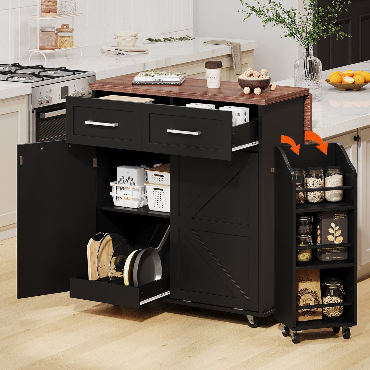 variant-group:rf-n707p307296b|Roomfitters 47.2" Farmhouse Kitchen Island with Drop Leaf, Tilt Trash Can Cabinet, Removable Mobile Side Racks, Black