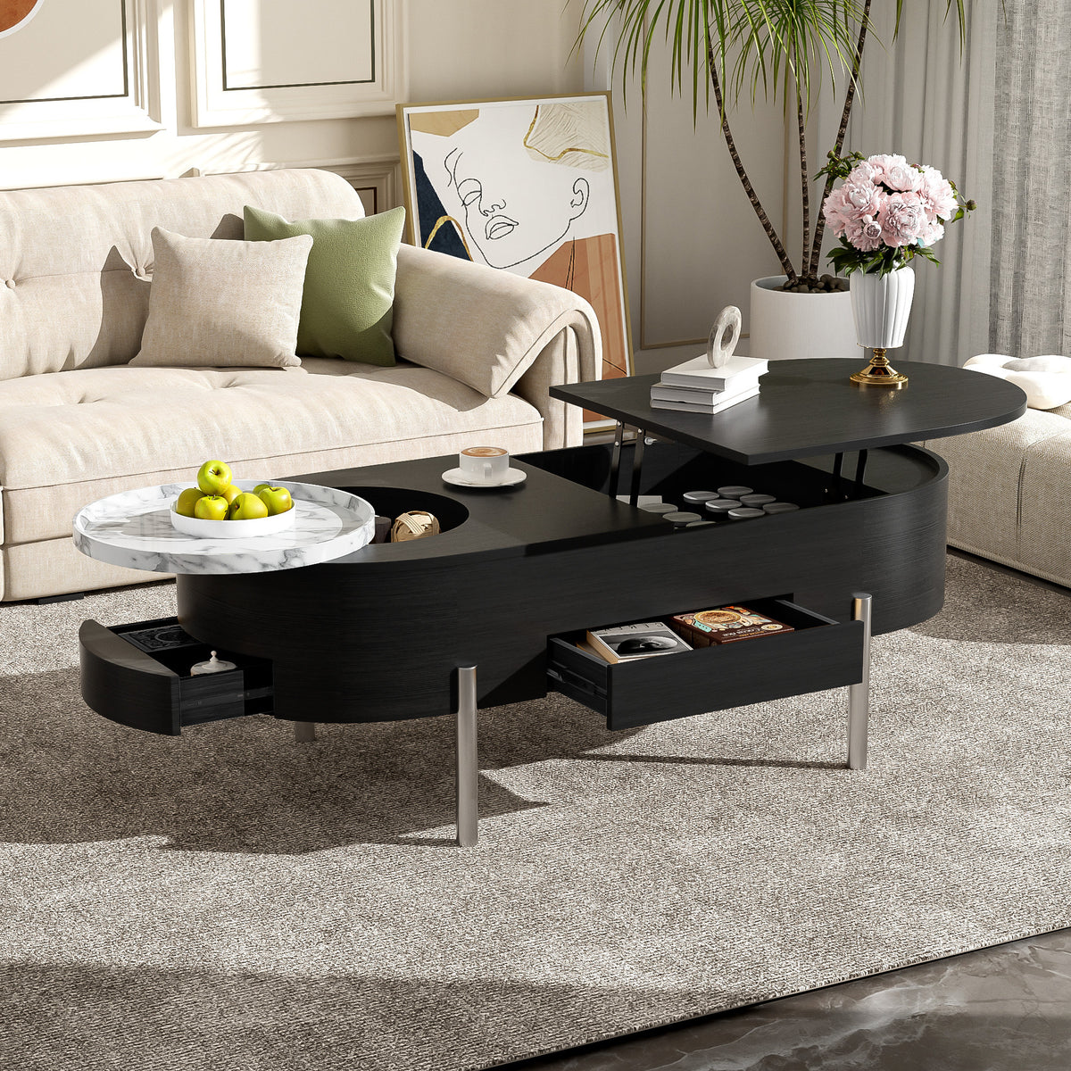 variant-group:rf-n724p228920b|Roomfitters Lift Top Oval Coffee Table with Rotating Marble Tray and Hidden Compartment, Black