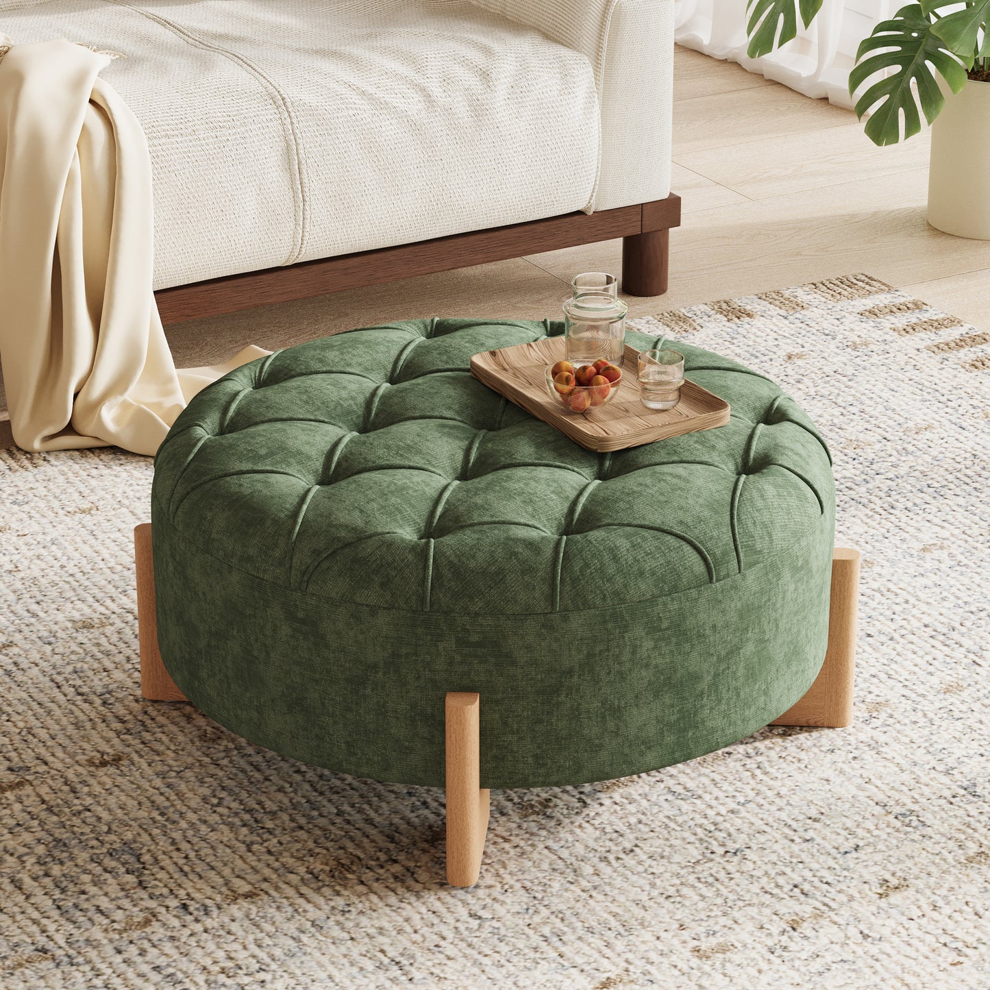 variant-group:rf-n723p405298g|Roomfitters 32 Inch Oversized Round Button-Tufted Ottoman, Upholstered Coffee Table Footrest with Wood Legs, Green