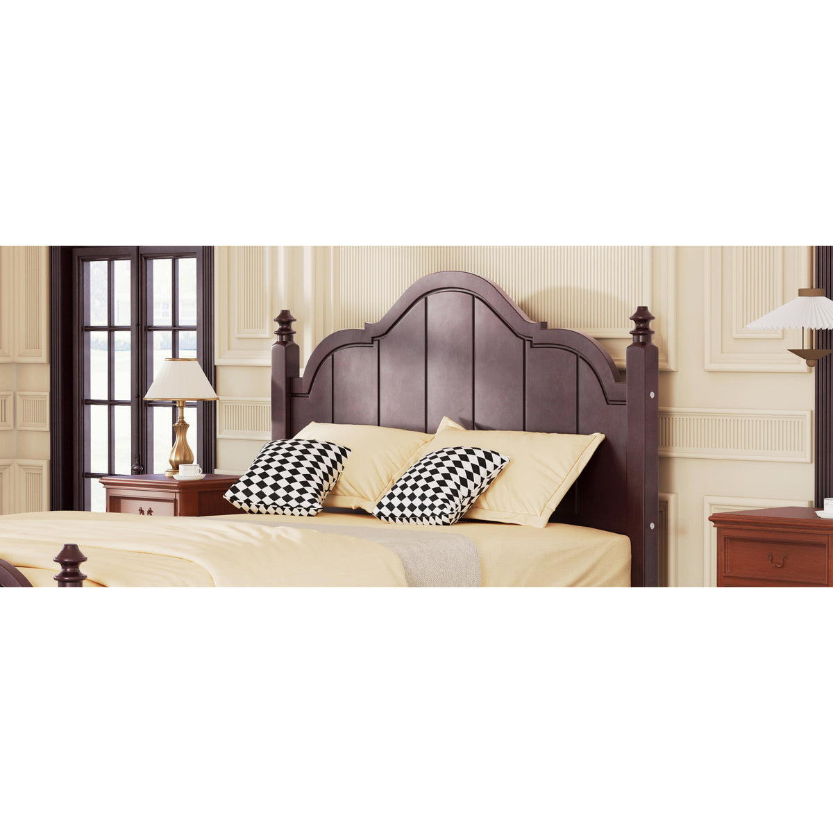 variant-group:rf-n733p360927p|Roomfitters Full Wood Platform Bed Frame with Curved Headboard, Vintage Style Slat Support, No Box Spring Required, Espresso