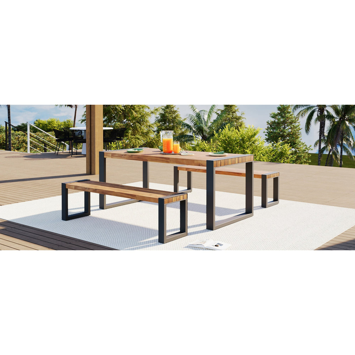 Roomfitters 3 Pcs Outdoor Dining Set with Acacia Wood Table and 2 Benches, Unique Textured Top and Steel Frame, All-Weather Patio Dining for Outdoor and Indoor Use, Natural Finish Roomfitters
