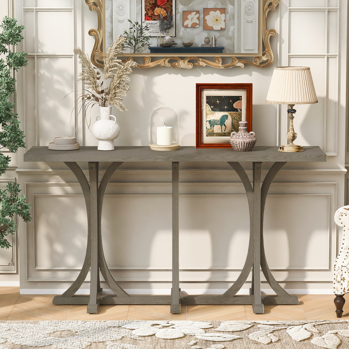 variant-group:rf-n711p295300e|Roomfitters 59.8" Console Table with Oak Veneer Top, Modern Arched Leg Entryway Sofa Table for Hallway & Living Room, Gray