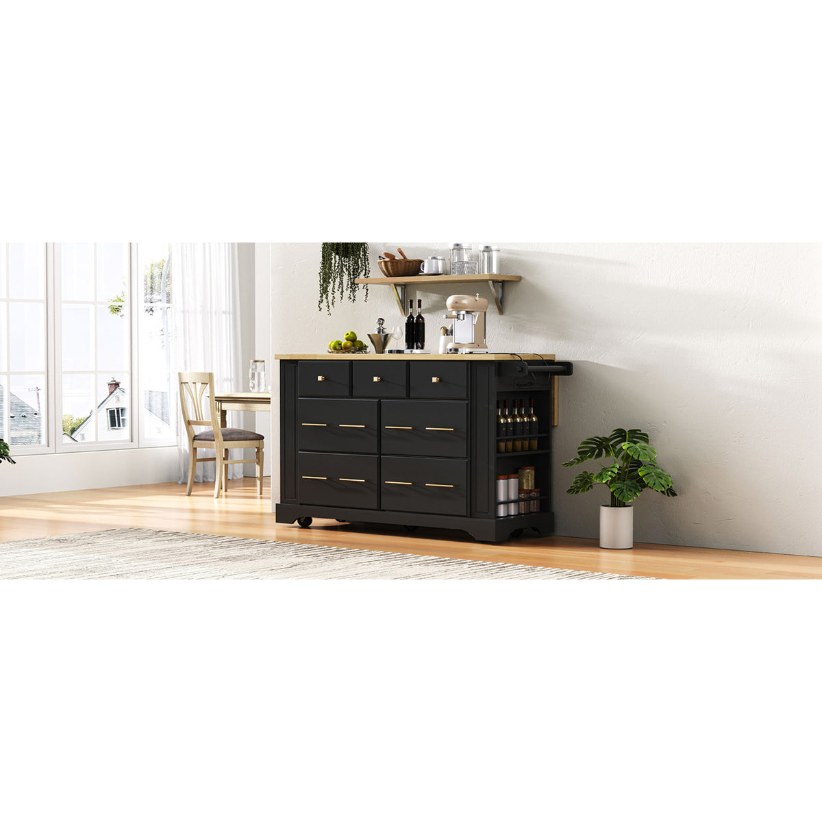variant-group:rf-n707s307292b|Roomfitters 51" Kitchen Island with Power Outlet and Drop Leaf, Rolling Cabinet with Pull-Out Trash Can Drawer, Black