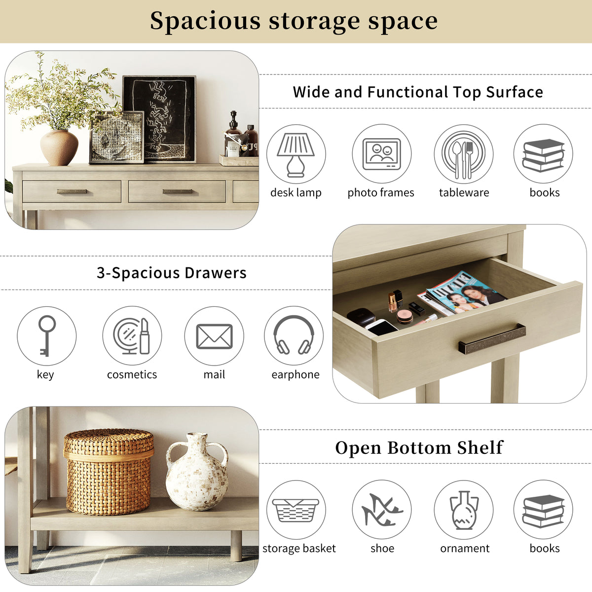 variant-group:rf-n711p410445e|Roomfitters 59.1" Farmhouse Entryway Table with 3 Drawers, Slim Console Sofa Table with Open Shelf for Hallway, Gray