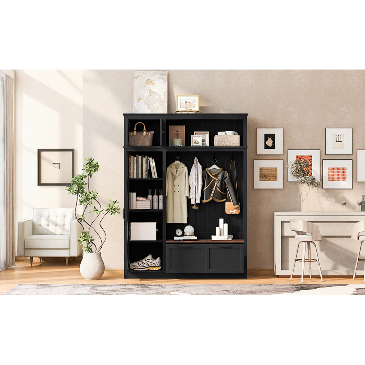 variant-group:rf-n724sj000160aab|Roomfitters 3-in-1 Entryway Hall Tree with Overhead Storage Cabinet, 2 Drawers, Black