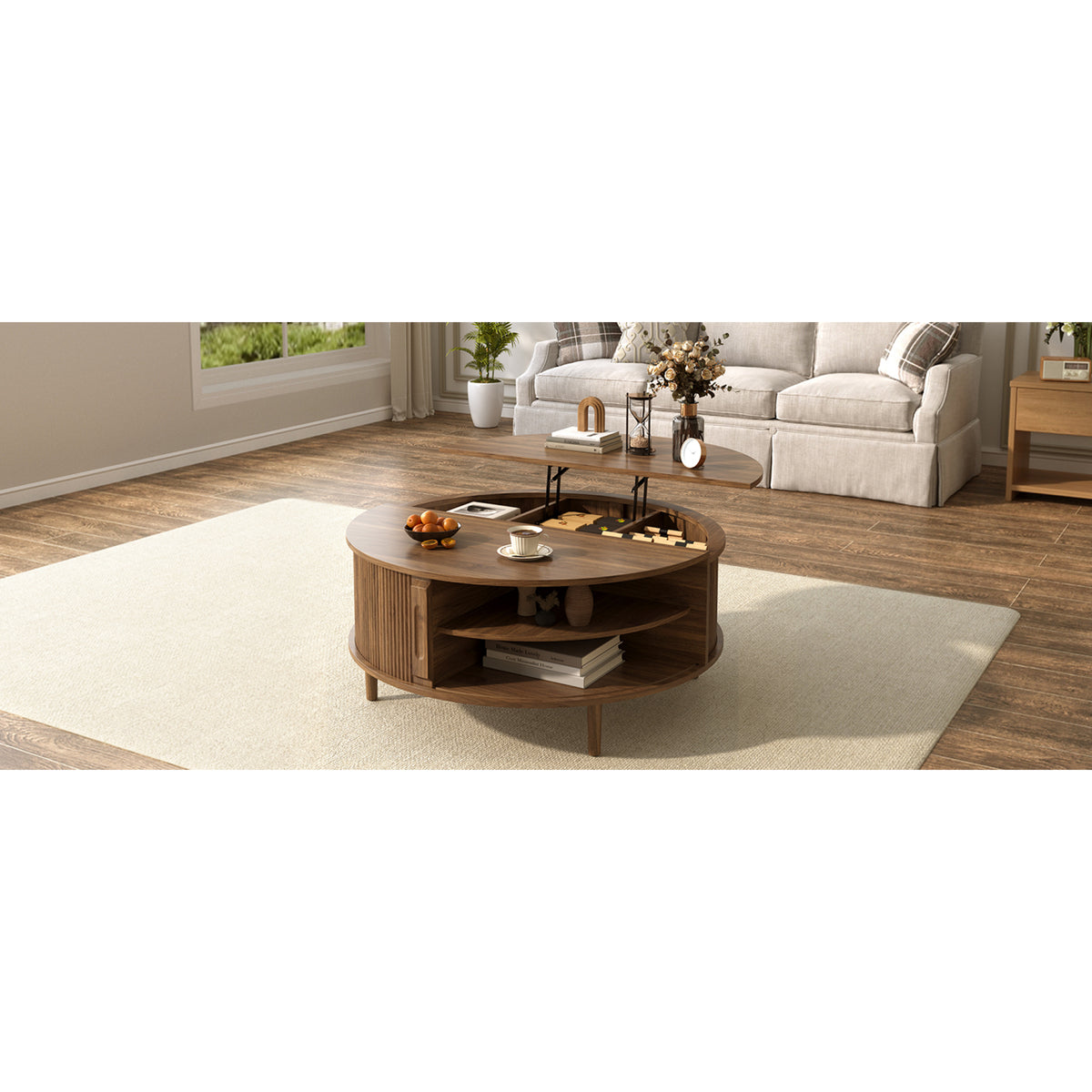 variant-group:rf-n724p416053m|Roomfitters Minimalist Round Lift-Top Coffee Table with Side Sliding Door, Antique Brown