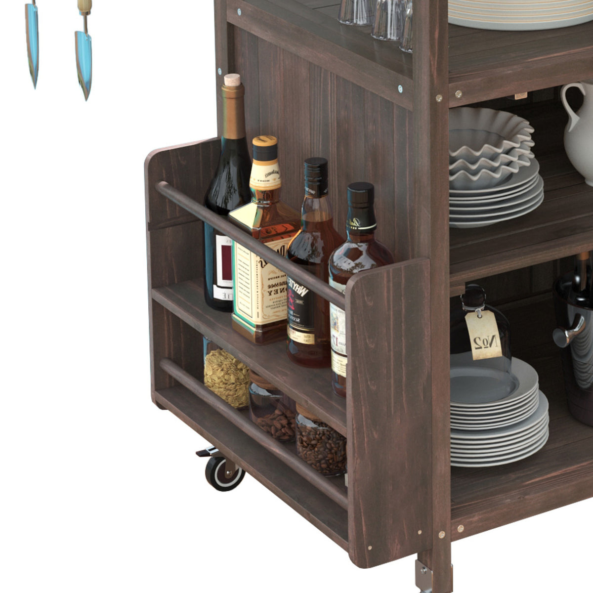 variant-group:rf-n707p228272z|Roomfitters 40.5" Outdoor Grill Cart with Stainless Steel Top, Wood Storage Cabinet, Drop Leaf, Rolling Cart, Brown