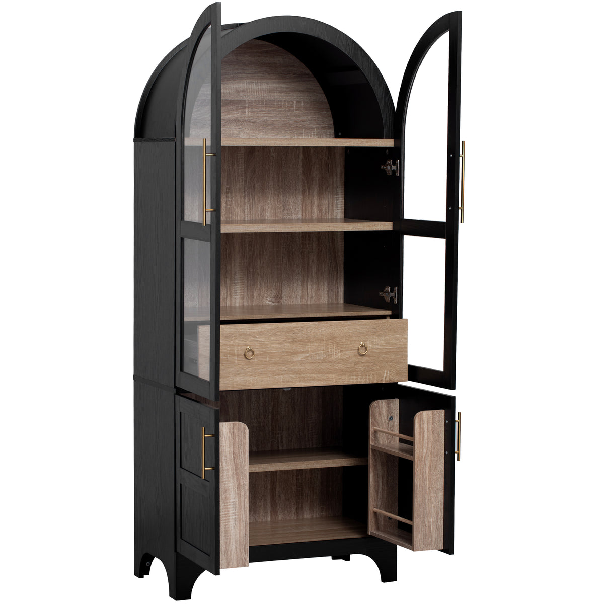 variant-group:rf-n707s288969b|Roomfitters 71" Pantry Cabinet with Arched Top & Glass Doors, 4-Door Storage Hutch with Adjustable Shelves for Kitchen, Black