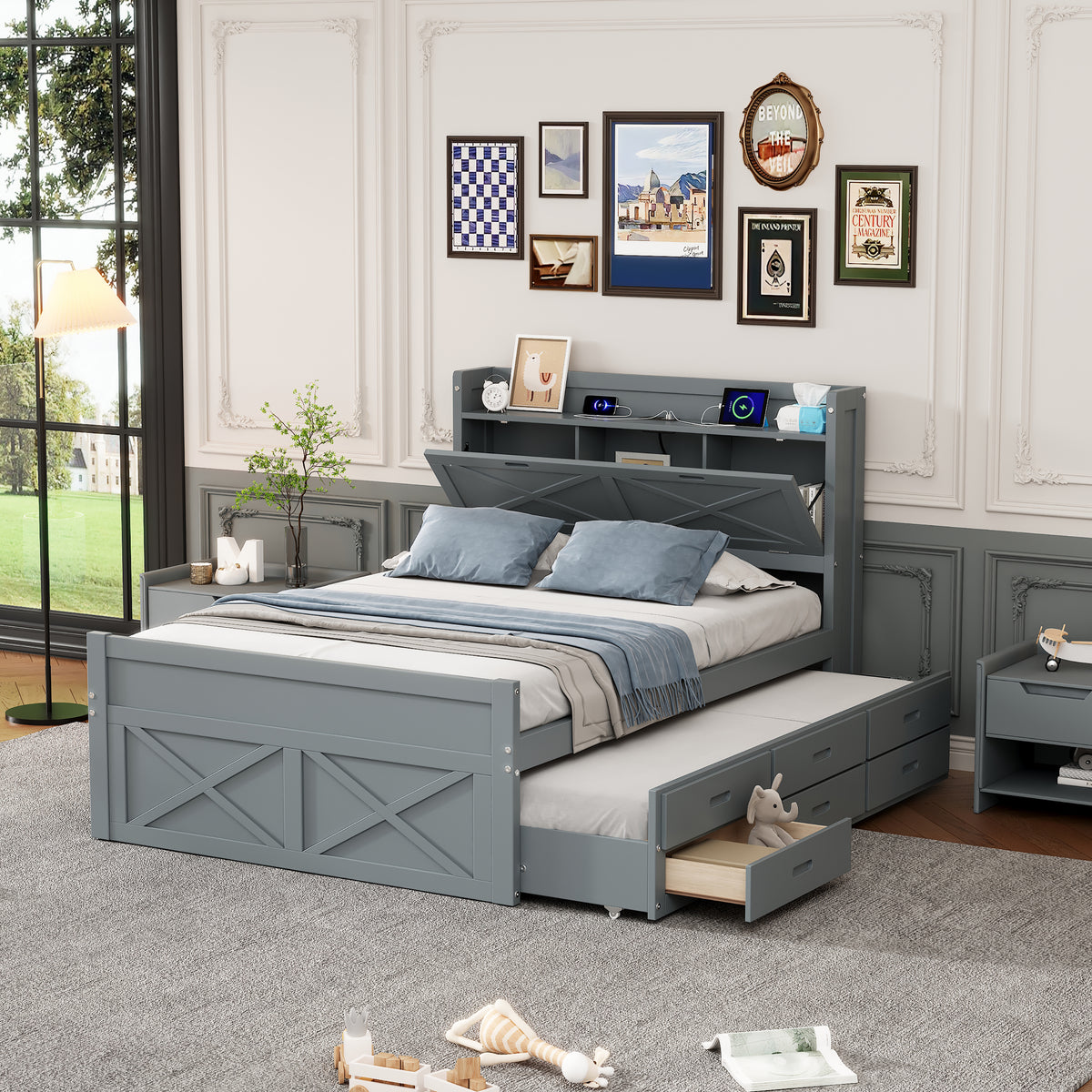 variant-group:rf-n733s172712e|Roomfitters Full Size Wooden Bed with Storage Headboard, Built-In Outlets, Extendable Design with Twin Trundle and Practical Storage, Gray