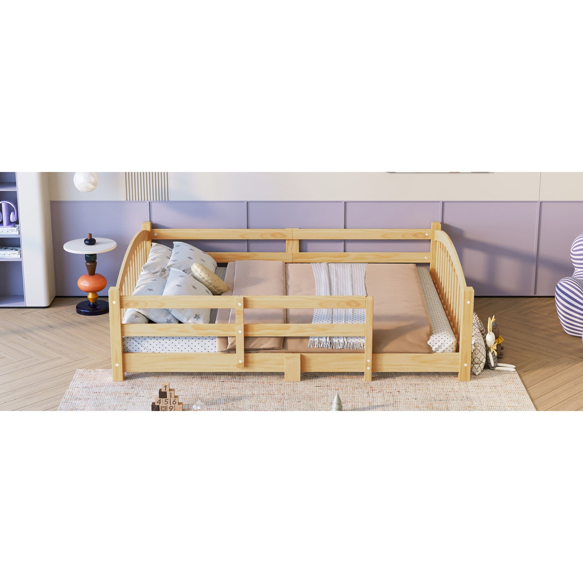 variant-group:rf-n733p400299n|Roomfitters Full Montessori Floor Bed with Guardrails, Solid Wood Low Platform Bed with Slats, Easy Assembly, Natural