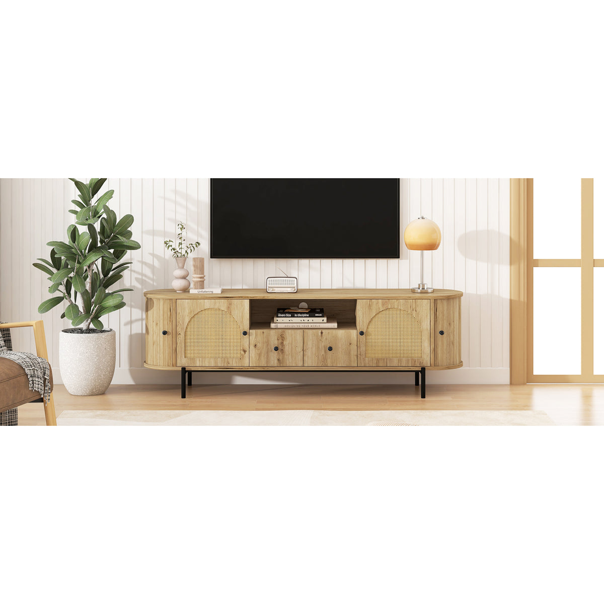 variant-group:rf-n724p437189d|Roomfitters American Style TV Stand with Rattan Arched Doors, Steel Legs, Burly Wood