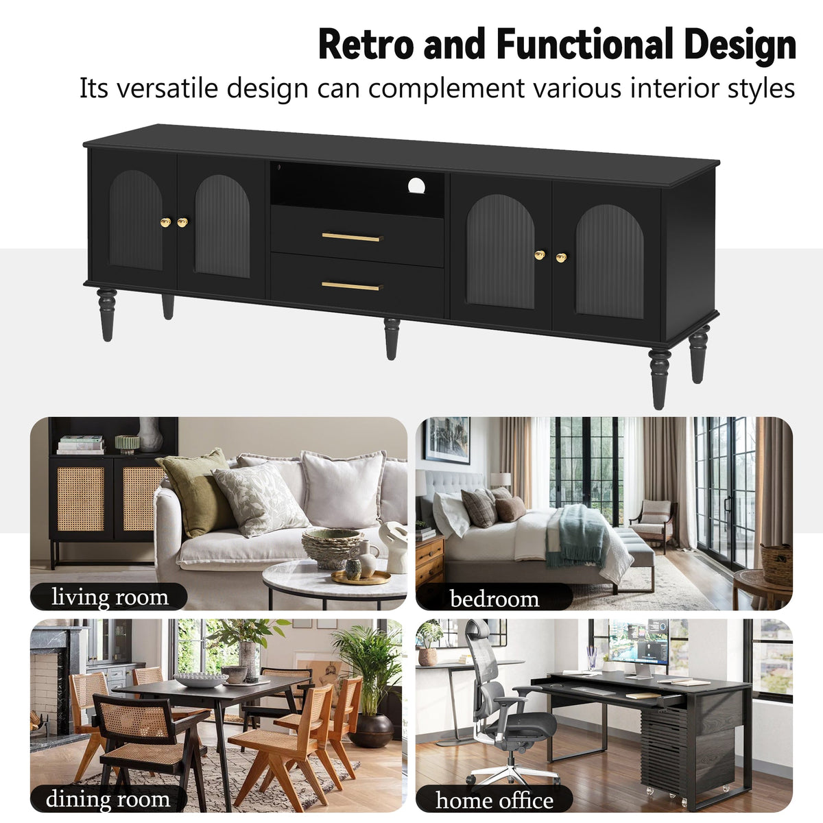 Roomfitters Retro TV Stand for up to 75 Inch TV, Fluted Glass Door Media Console with Five Wood Legs, Black Roomfitters