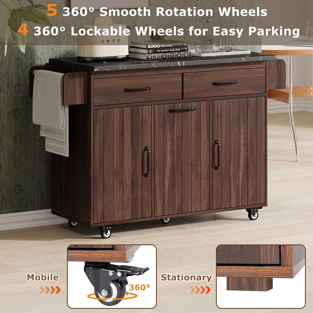 variant-group:rf-n707wf326381aaz|Roomfitters Kitchen Island with Trash Can Storage Cabinet, Grey - Drop Leaf, Spice Rack, Towel Rack, Drawer, Adjustable Shelf, Rolling Island on Wheels, Walnut Brown