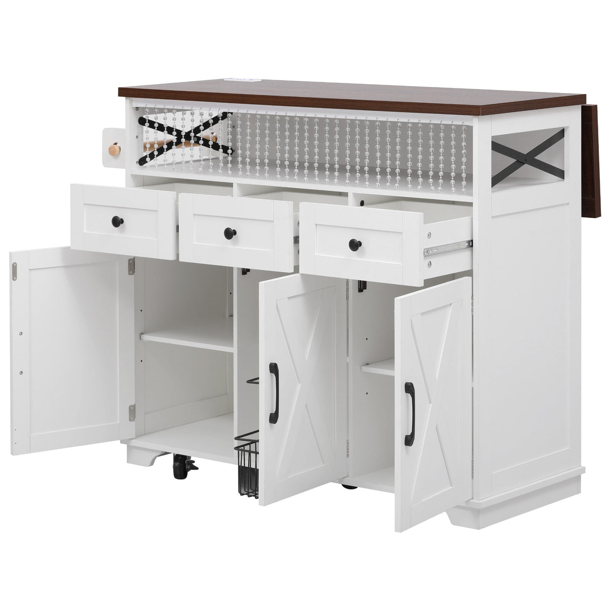 variant-group:rf-n707p254872w|Roomfitters 46.5" Rolling Kitchen Island with Drop Leaf, Mobile Cart with 2 AC Outlets & USB, Beaded Drape & 3 Drawers, White