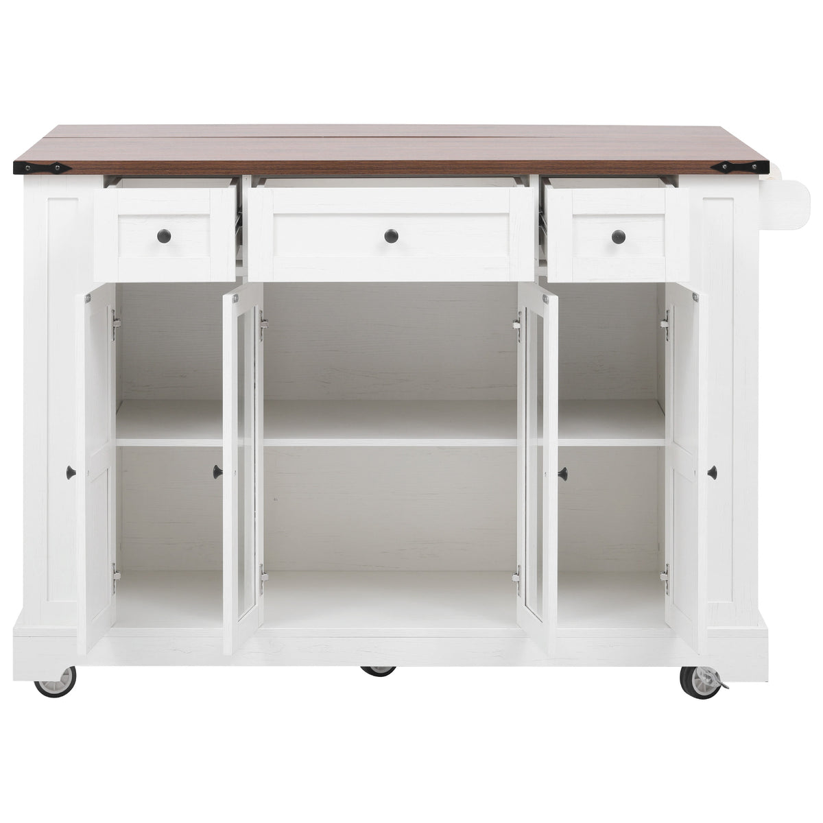 variant-group:rf-n707p263637w|Roomfitters 53" Rolling Kitchen Island with Drop Leaf, Mobile Cart with Glass Doors, 5 Side Shelves & Power Outlets, White