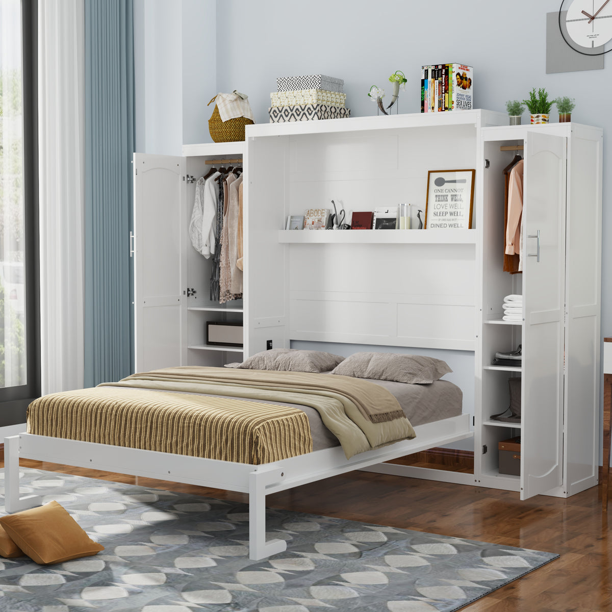 variant-group:rf-n733s339767k|Roomfitters Queen Murphy Bed with Storage Cabinets and Shelf, Foldable Wall Bed Platform for Guest Room and Bedroom, White