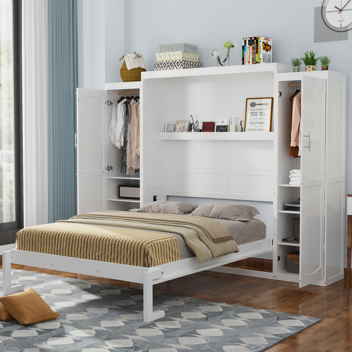 Roomfitters Queen Murphy Bed with Storage Cabinets and Shelf, Foldable Wall Bed Platform for Guest Room and Bedroom, White Roomfitters