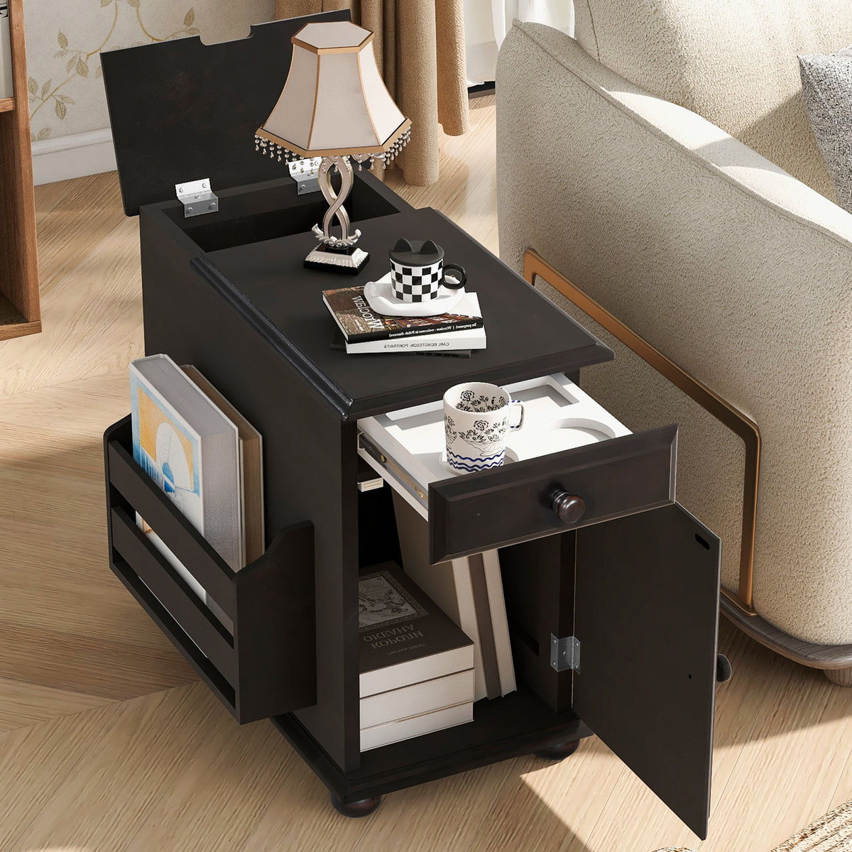 variant-group:rf-n724p293133p|Roomfitters Vintage Sofa Side Table with USB Ports, Flip Top, Cup Holders and Bookshelf Storage for Small Spaces, Espresso