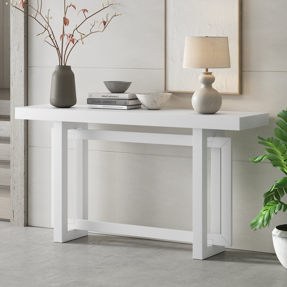 variant-group:rf-n711p410422k|Roomfitters Contemporary White Pine Veneer Extra Long Console Table with Unique Triple Rectangle Solid Wood Legs