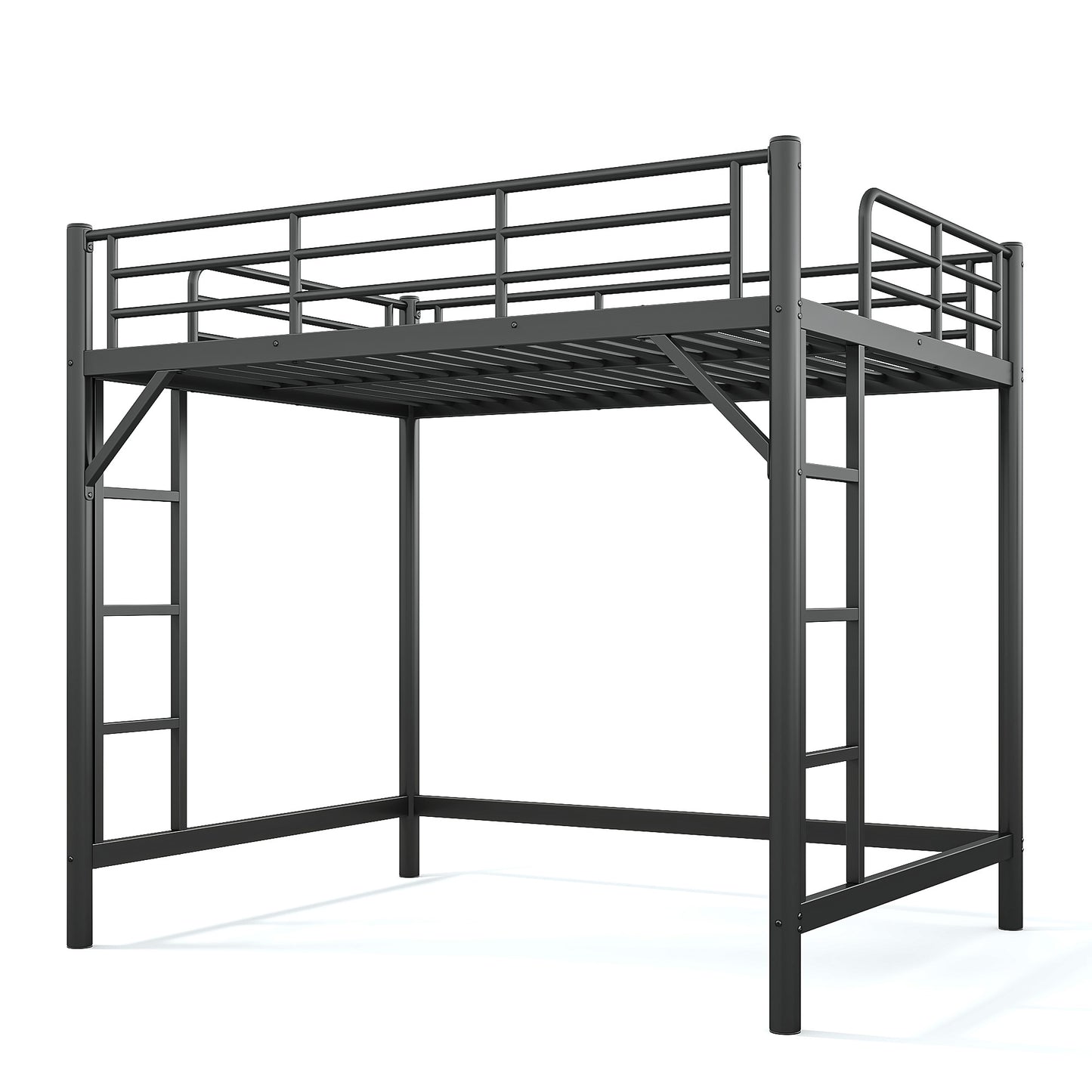 variant-group:rf-w1580p455015|Roomfitters Full Size Metal Loft Bed Frame with Guardrails, Heavy Duty Space Saving High Loft Bed Dual Ladders, Black