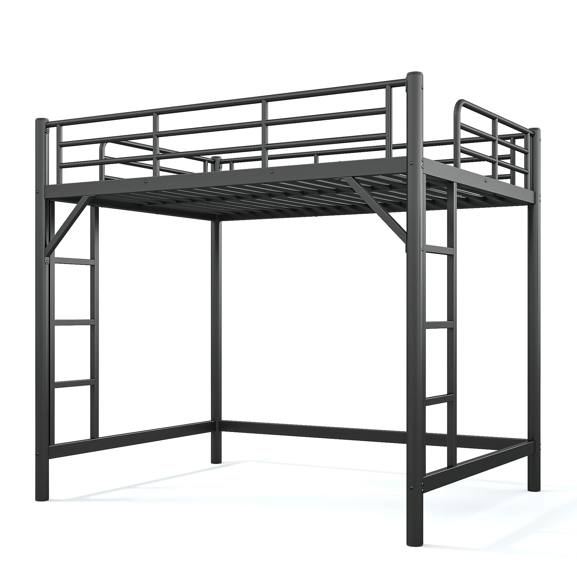 variant-group:rf-w1580p455015|Roomfitters Full Size Metal Loft Bed Frame with Guardrails, Heavy Duty Space Saving High Loft Bed Dual Ladders, Black