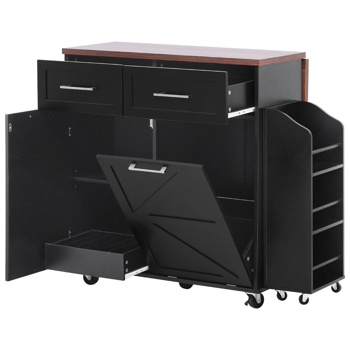 variant-group:rf-n707p307296b|Roomfitters 47.2" Farmhouse Kitchen Island with Drop Leaf, Tilt Trash Can Cabinet, Removable Mobile Side Racks, Black