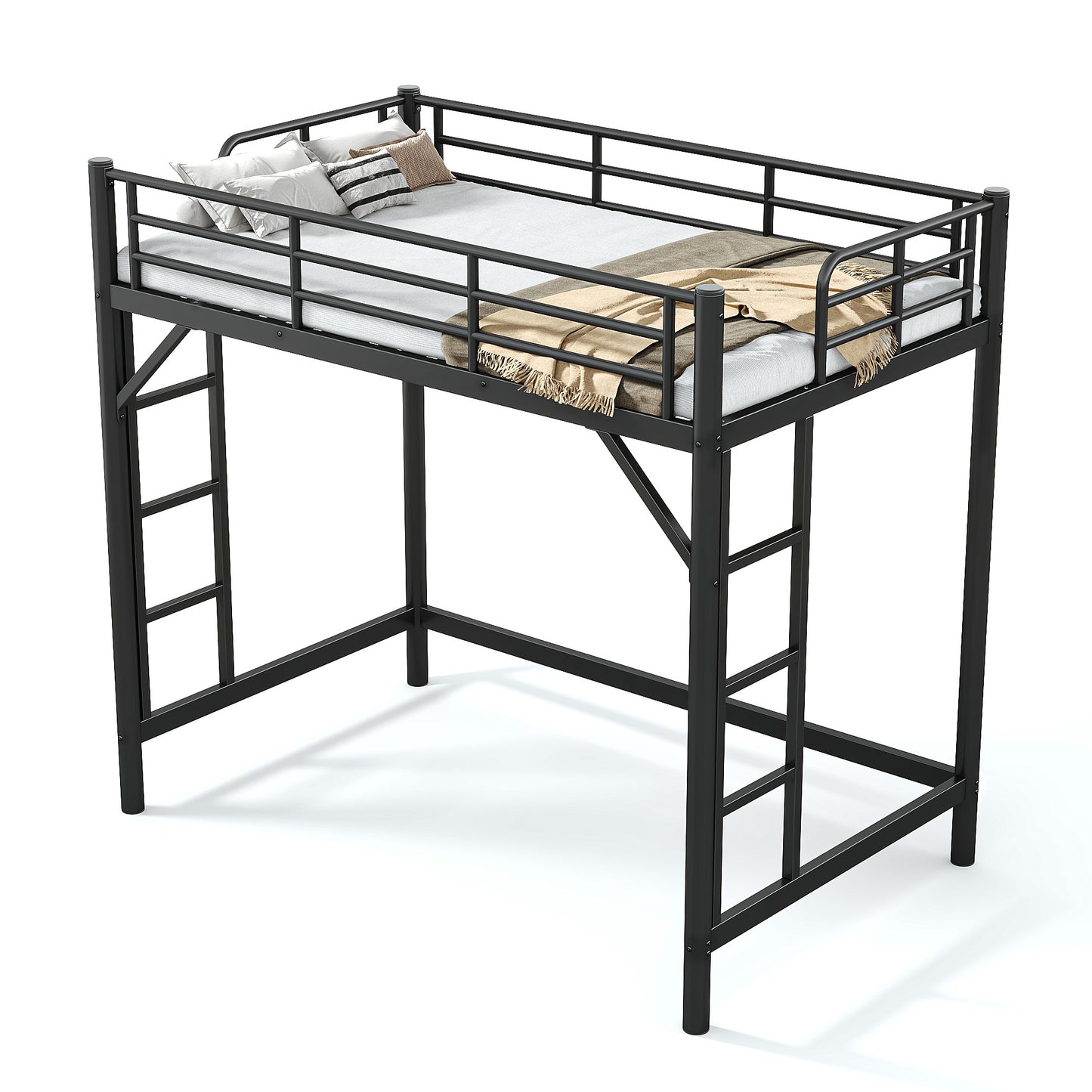 variant-group:rf-w1580p455010|Roomfitters Twin Size Metal Loft Bed Frame with Guardrails, Heavy Duty Space Saving High Loft Bed Dual Ladders, Black