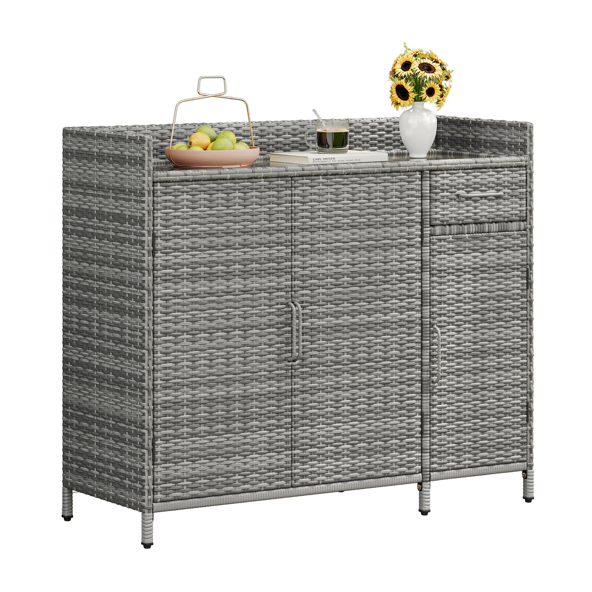 variant-group:rf-n707p233745g|Roomfitters 47.5" Wicker Outdoor Storage Cabinet, Rattan Bar Table with Glass Top, Adjustable Shelf, 3 Doors, Grey