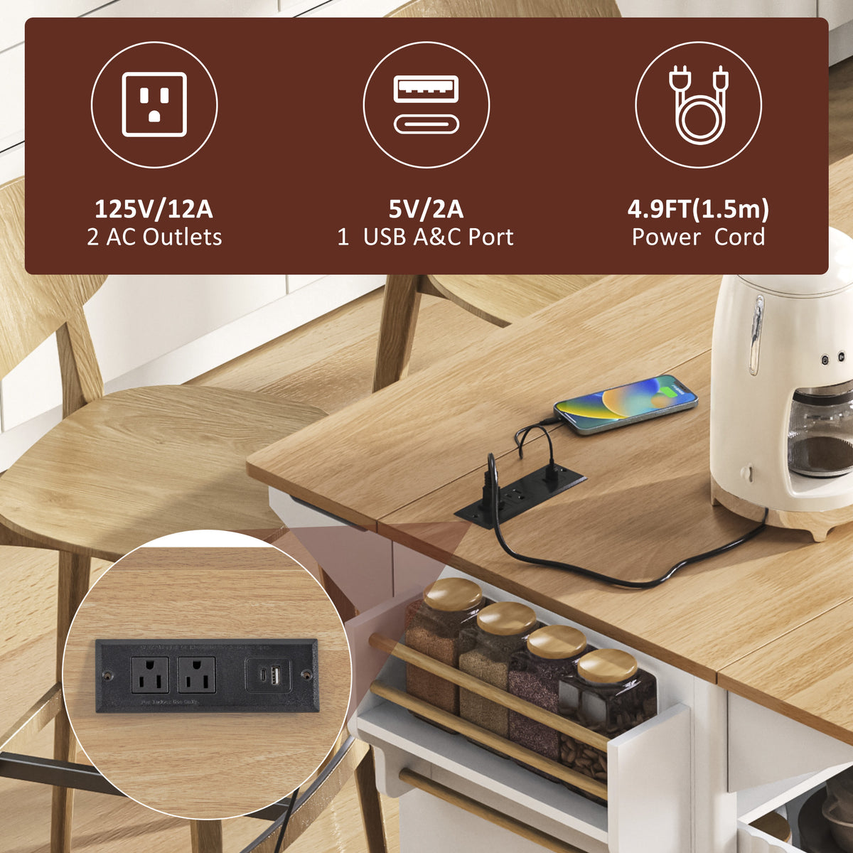 variant-group:rf-n707p353934w|Roomfitters 55.5" Fluted Kitchen Island with Double Drop Leaf, White Storage Cart with Power Outlet & Wood-grain Top